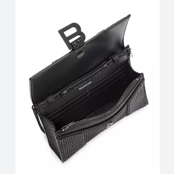 Balenciaga Authentic Hourglass Croc-Embossed Leather Wallet on Chain Black - Picture 2 of 5